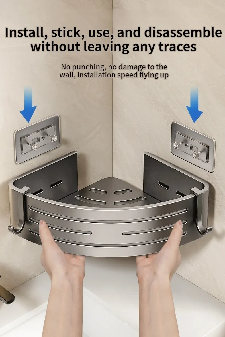No Need To Drill Walls for Installation Aluminum Bathroom Shelf Shelves Shampoo Rack Storage Holder Kitchen Organizer Wall Rack