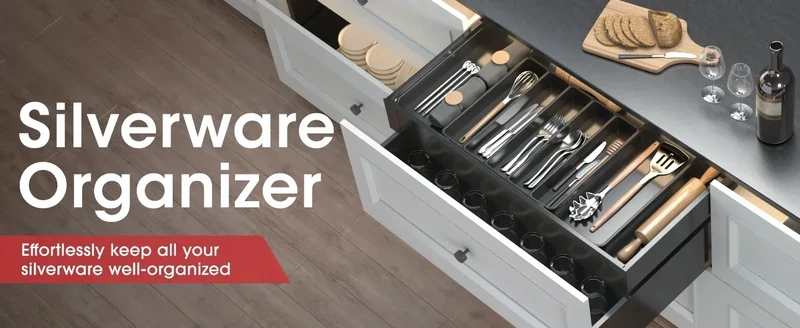 Kitchen Organizer Tray Adjustable Pantry Organizer Utensil Cutlery Drawer for Silverware Tableware Expandable Kitchen Drawer