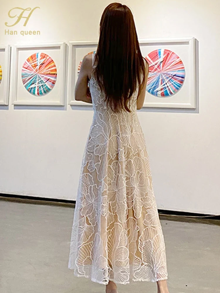 Fashion Slim O-Neck Long Party Casual Dress Hot Sale Summer Dresses Korean Retro Sleeveless Mesh Embroidery Vestidos