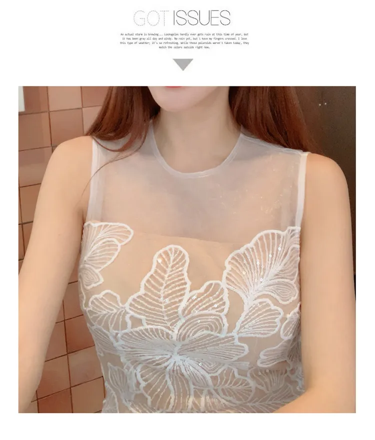 Fashion Slim O-Neck Long Party Casual Dress Hot Sale Summer Dresses Korean Retro Sleeveless Mesh Embroidery Vestidos