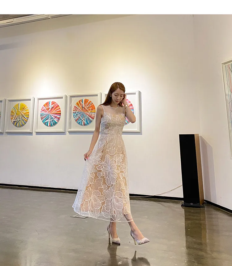 Fashion Slim O-Neck Long Party Casual Dress Hot Sale Summer Dresses Korean Retro Sleeveless Mesh Embroidery Vestidos