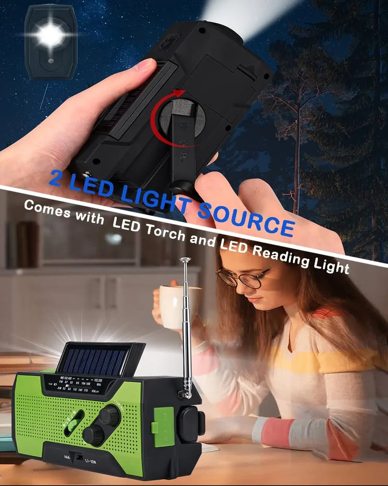 CE Certified 2000mAh Solar NOAA Radio LED Multi-Power Source for Wildfire Safety Flashlight Clock Internet Radio FM Radio