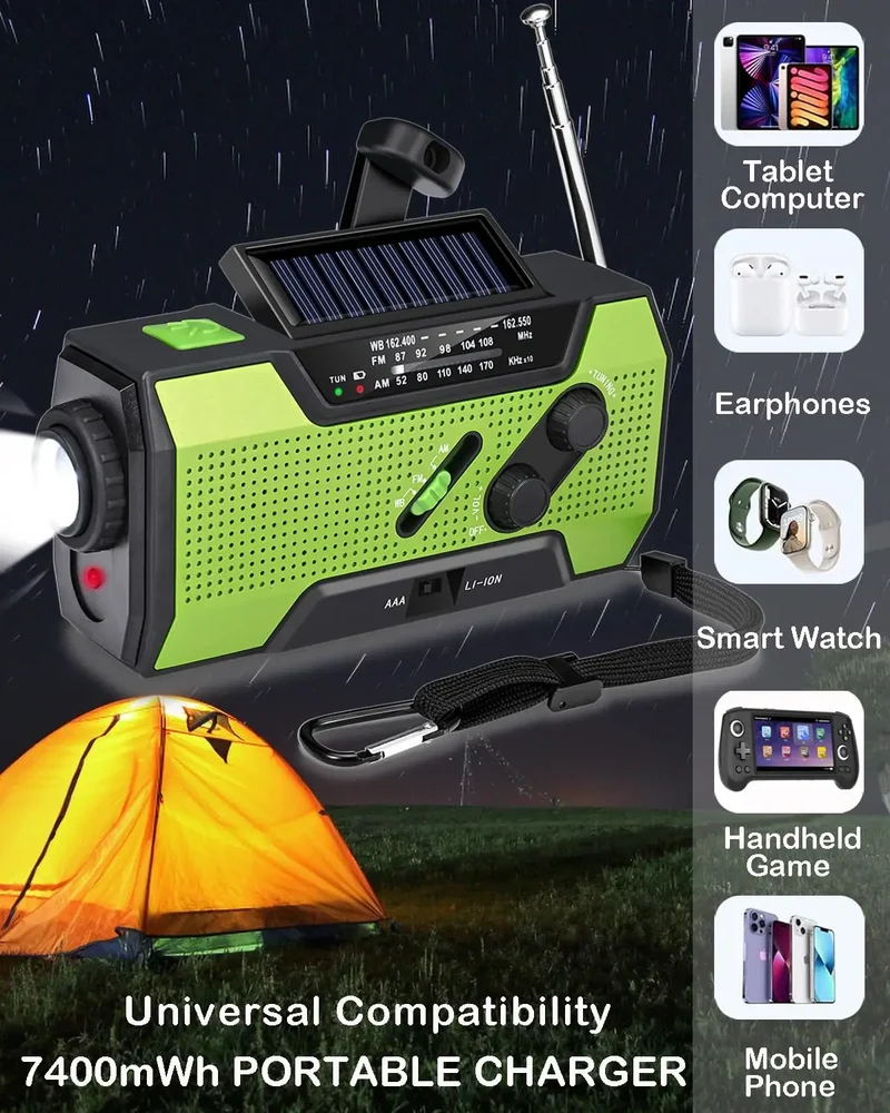 CE Certified 2000mAh Solar NOAA Radio LED Multi-Power Source for Wildfire Safety Flashlight Clock Internet Radio FM Radio