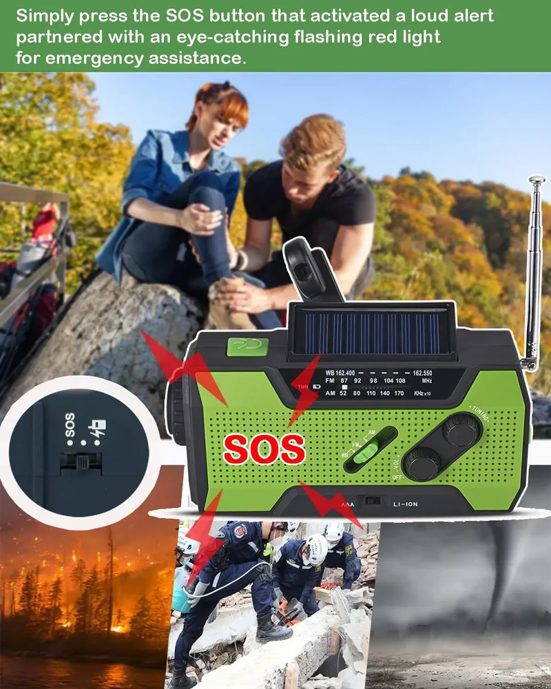 CE Certified 2000mAh Solar NOAA Radio LED Multi-Power Source for Wildfire Safety Flashlight Clock Internet Radio FM Radio
