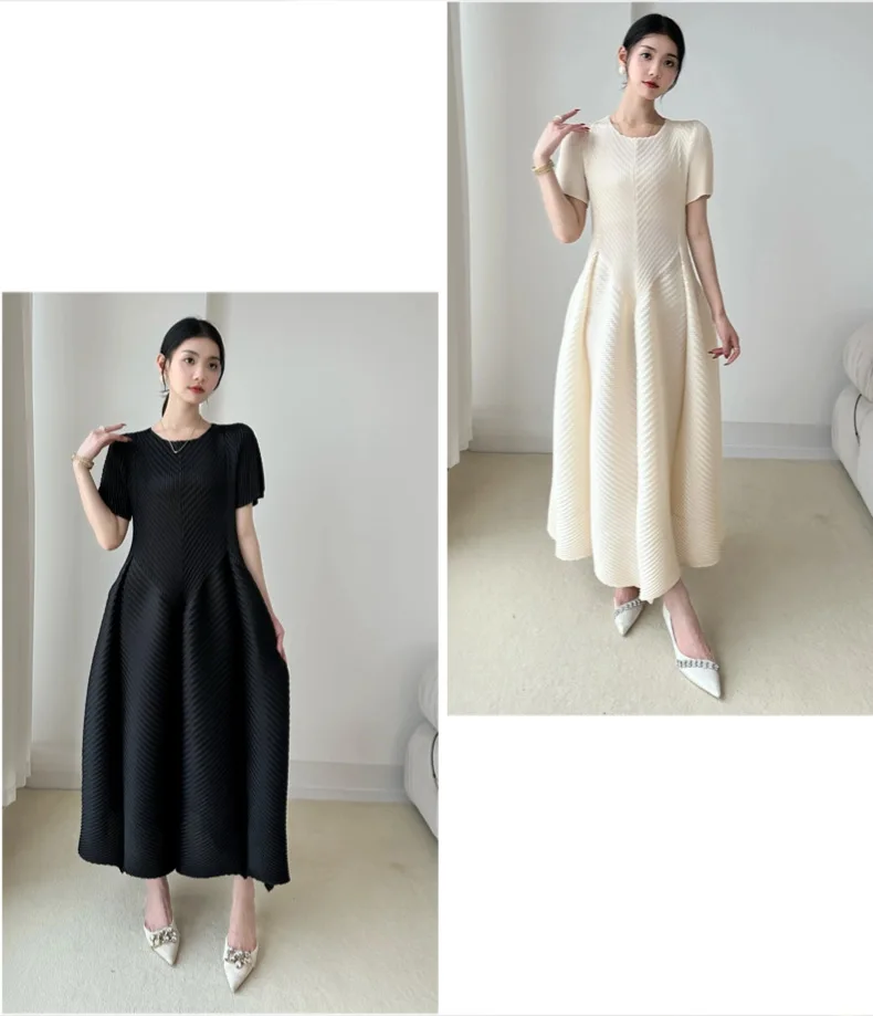 LANMREM High End Purple Pleated Women's Dress 2025 New Round Neck Short Sleeved Spliced Design Ball Gown Summer Dresses 2DB3489