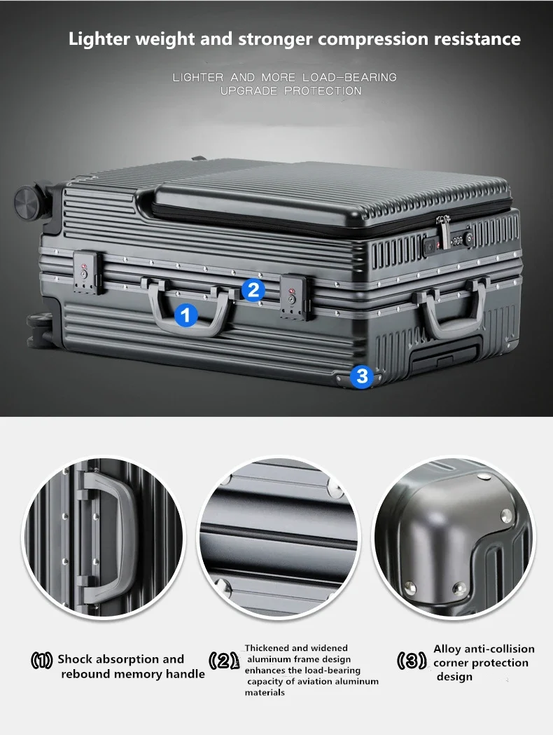 Carry on Luggage Wide Handle Luxury Design Rolling Travel Suitcase PC Hardside With Aluminum Frame Hollow Spinner Wheels