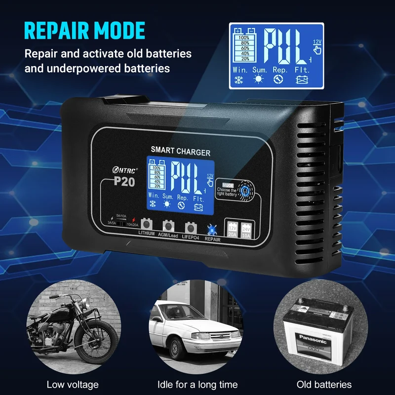 HTRC 20-Amp Smart Battery Charger for Lithium LiFePO4 Lead-Acid AGM/Gel/SLA Batteries Car/Motorcycle/Scooter Trickle Charger