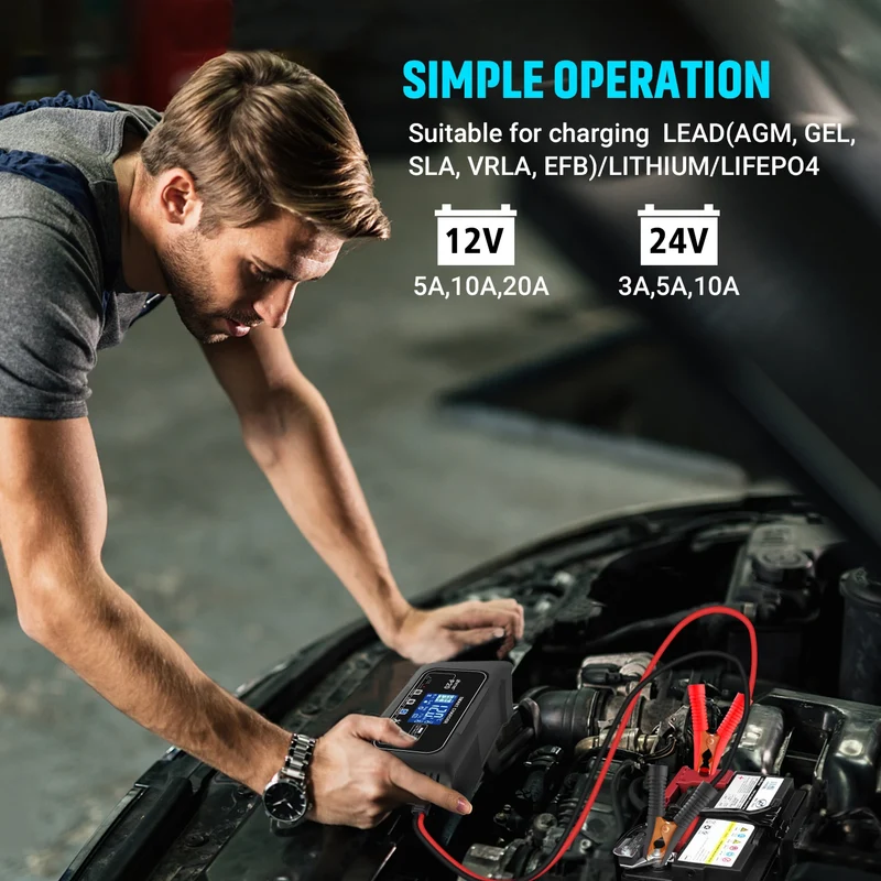 HTRC 20-Amp Smart Battery Charger for Lithium LiFePO4 Lead-Acid AGM/Gel/SLA Batteries Car/Motorcycle/Scooter Trickle Charger