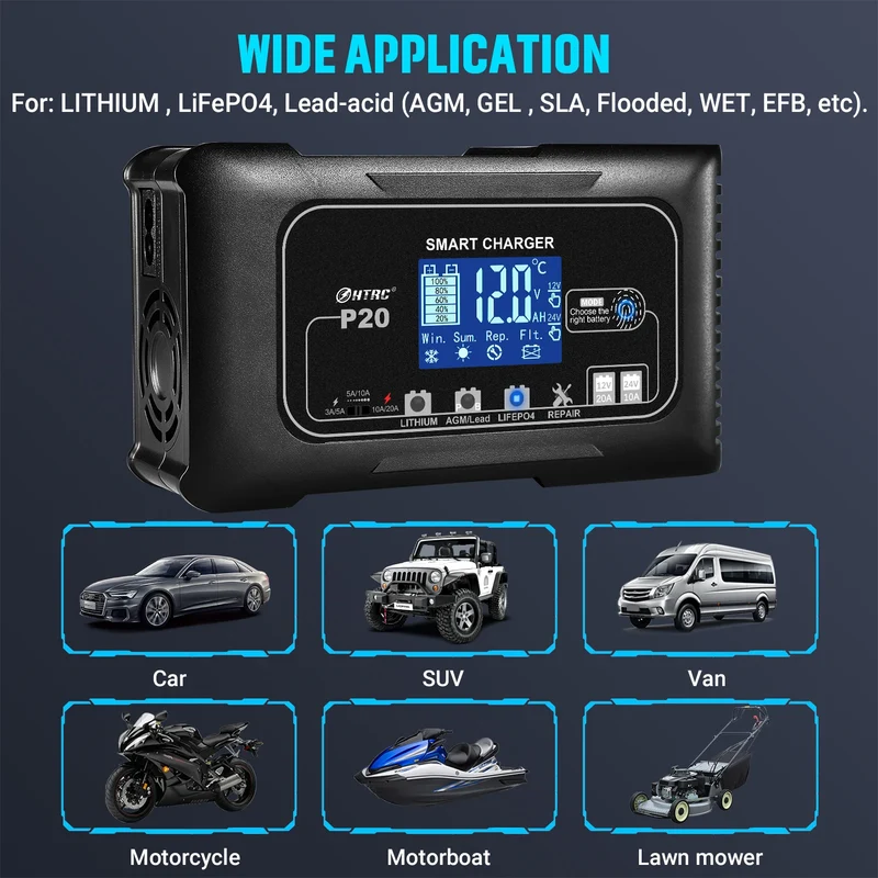 HTRC 20-Amp Smart Battery Charger for Lithium LiFePO4 Lead-Acid AGM/Gel/SLA Batteries Car/Motorcycle/Scooter Trickle Charger