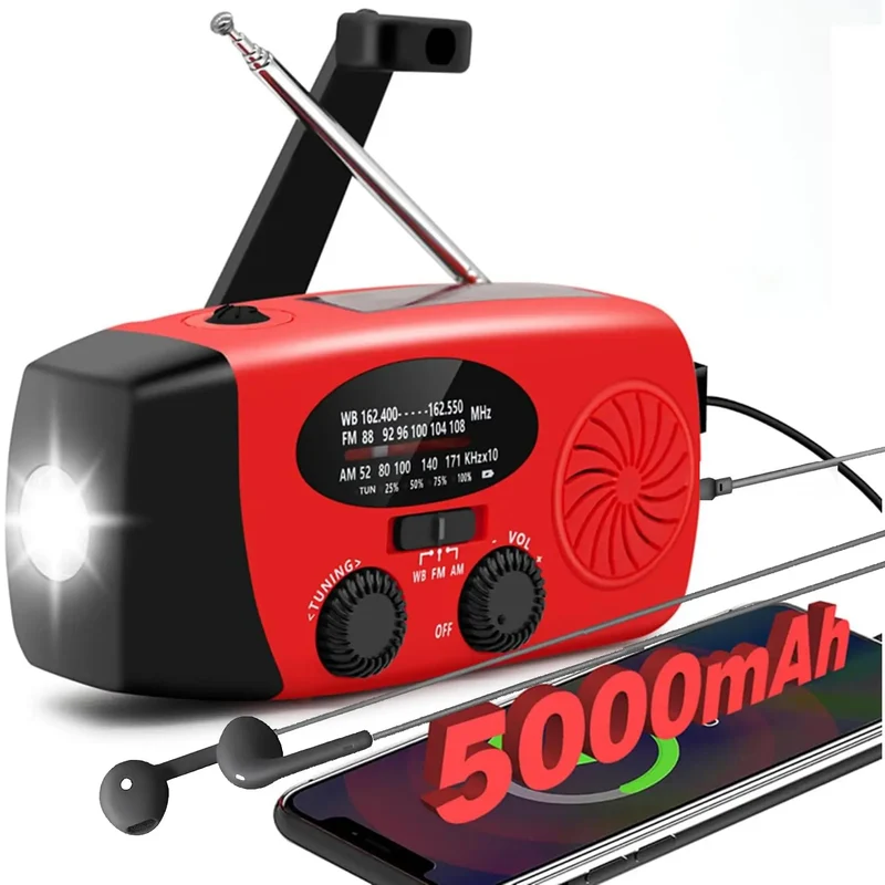 2000mAh / 5000mAh Portable Survival Crank Radio with 4 Modes Flashlight and Earphone Jack NOAA/FM/AM Solar Radios SOS Features