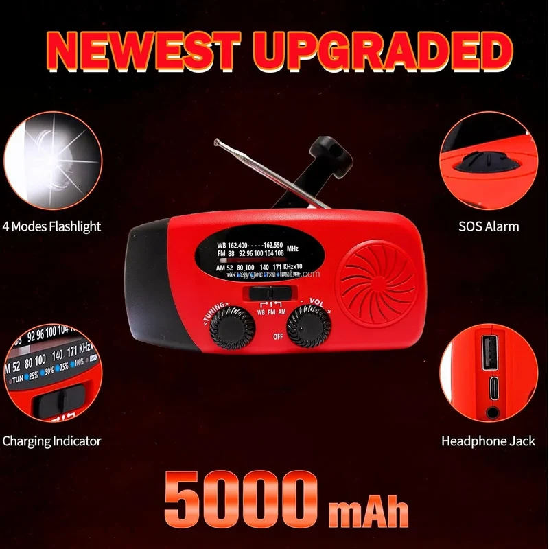 2000mAh / 5000mAh Portable Survival Crank Radio with 4 Modes Flashlight and Earphone Jack NOAA/FM/AM Solar Radios SOS Features