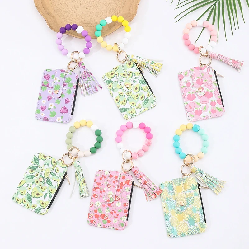 2025 New Fruit Pattern Leather Bracelet Fringe Key Chin Card Bag Document Wrist Portable Keychain Zipper Card Holder Wallet