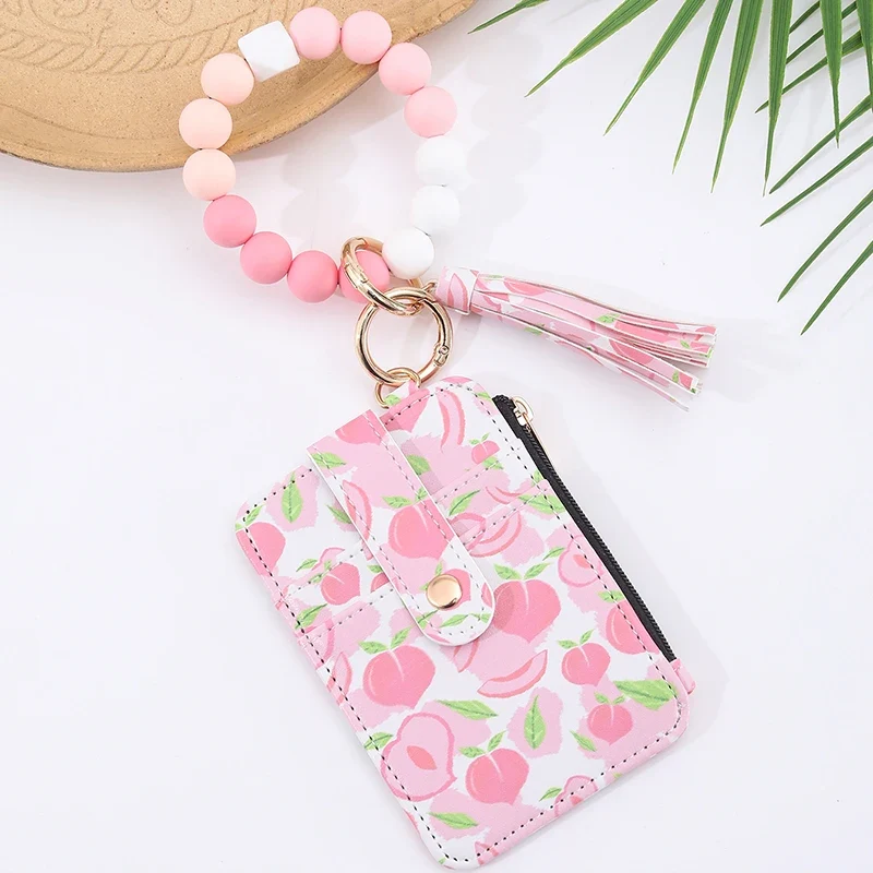 2025 New Fruit Pattern Leather Bracelet Fringe Key Chin Card Bag Document Wrist Portable Keychain Zipper Card Holder Wallet