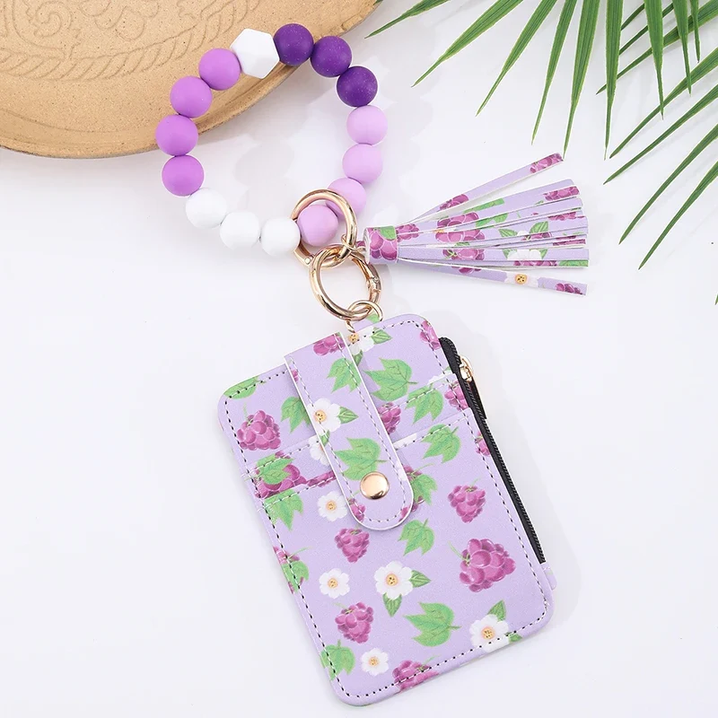 2025 New Fruit Pattern Leather Bracelet Fringe Key Chin Card Bag Document Wrist Portable Keychain Zipper Card Holder Wallet