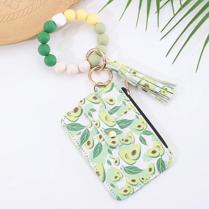 2025 New Fruit Pattern Leather Bracelet Fringe Key Chin Card Bag Document Wrist Portable Keychain Zipper Card Holder Wallet