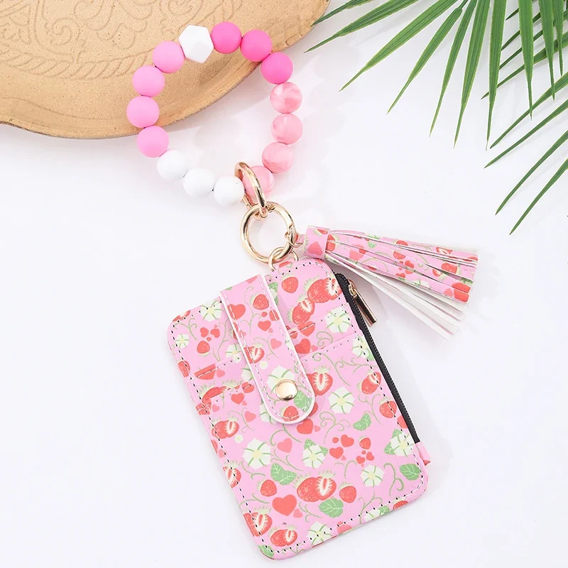 2025 New Fruit Pattern Leather Bracelet Fringe Key Chin Card Bag Document Wrist Portable Keychain Zipper Card Holder Wallet