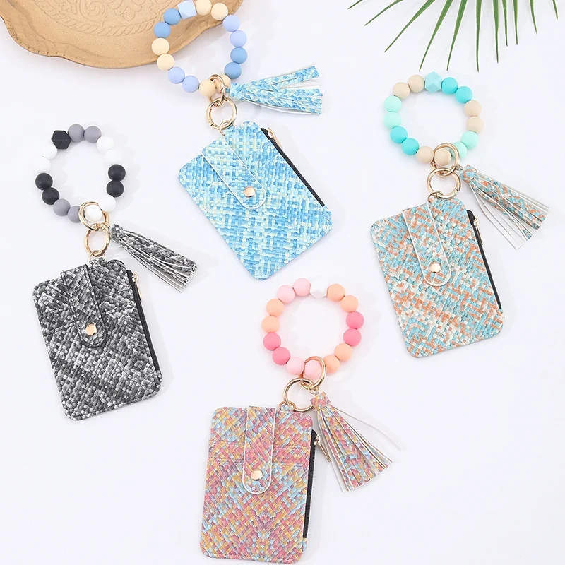 2025 New Fruit Pattern Leather Bracelet Fringe Key Chin Card Bag Document Wrist Portable Keychain Zipper Card Holder Wallet