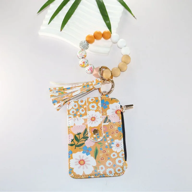 2025 New Fruit Pattern Leather Bracelet Fringe Key Chin Card Bag Document Wrist Portable Keychain Zipper Card Holder Wallet