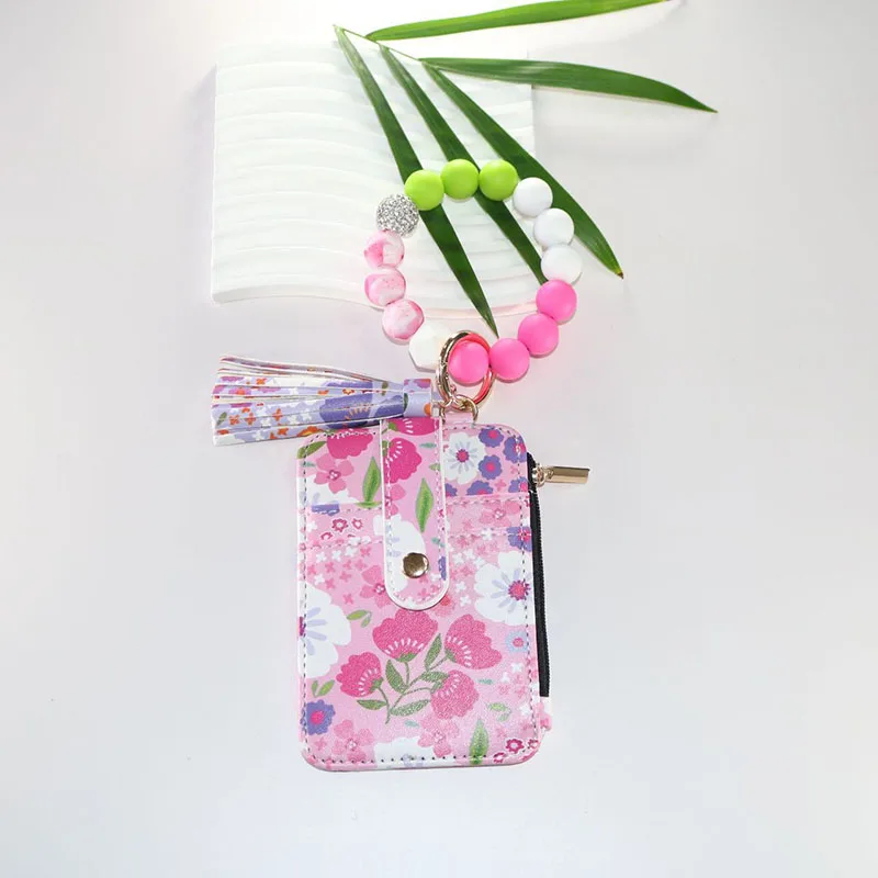 2025 New Fruit Pattern Leather Bracelet Fringe Key Chin Card Bag Document Wrist Portable Keychain Zipper Card Holder Wallet