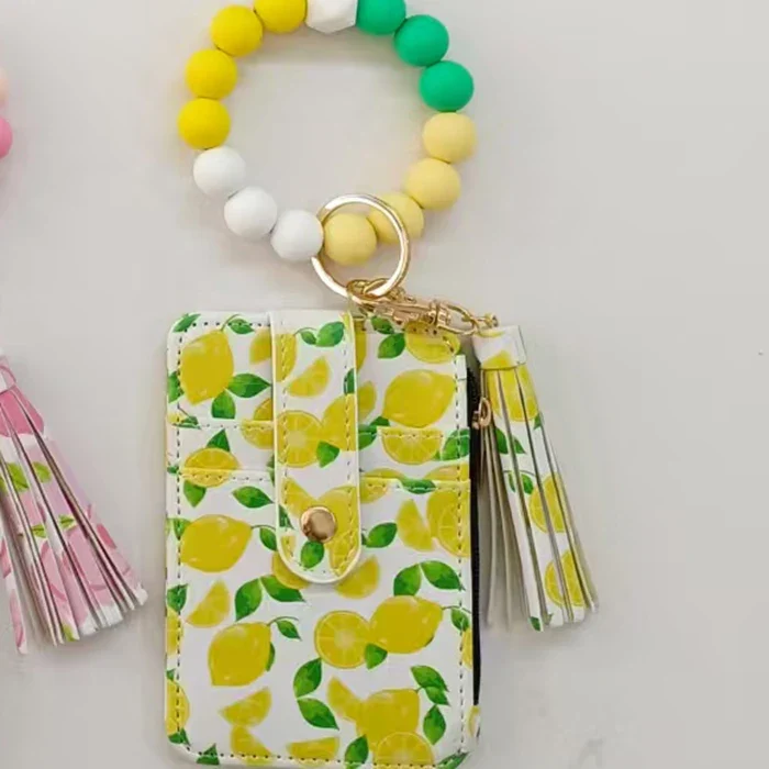 2025 New Fruit Pattern Leather Bracelet Fringe Key Chin Card Bag Document Wrist Portable Keychain Zipper Card Holder Wallet