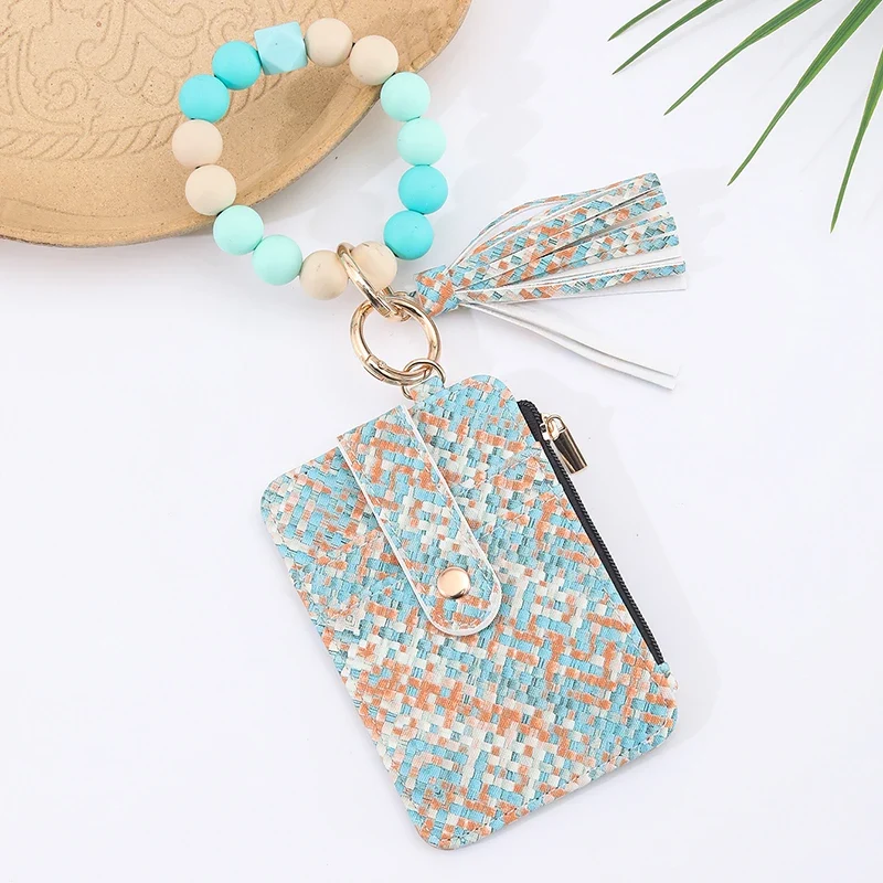 2025 New Fruit Pattern Leather Bracelet Fringe Key Chin Card Bag Document Wrist Portable Keychain Zipper Card Holder Wallet