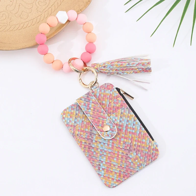 2025 New Fruit Pattern Leather Bracelet Fringe Key Chin Card Bag Document Wrist Portable Keychain Zipper Card Holder Wallet