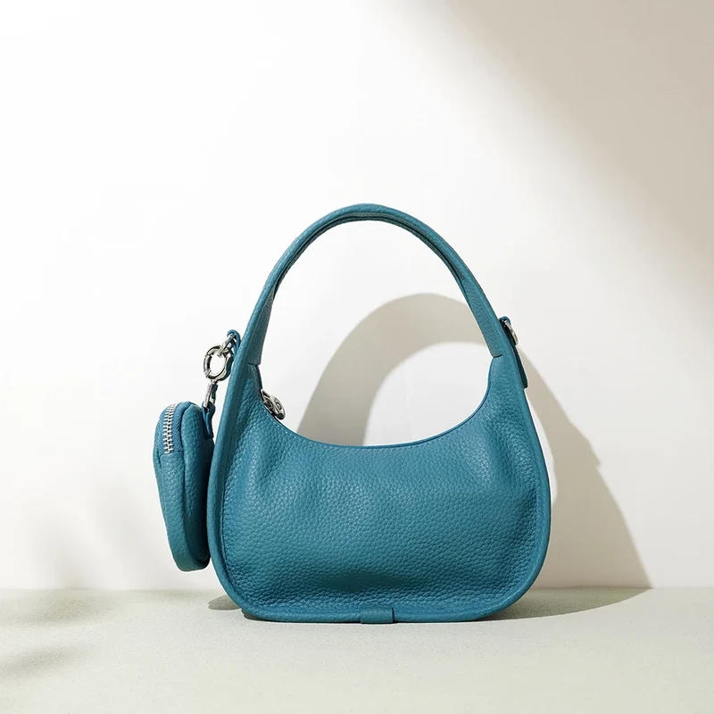 Genuine Cowhide Leather Ladies Shoulder Bag Fashionable Underarm Saddle Handbag Zipper Closure Crescent-Shaped Design for Women