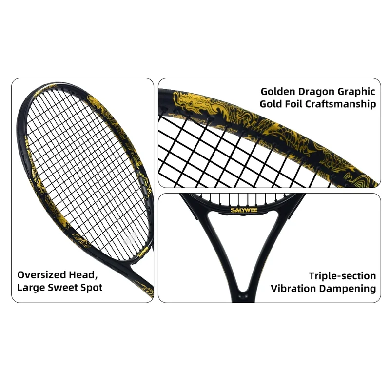 New Arrive Golden Dragon Tennis Racket with Free Bag Carbon Fiber White&Black 50-55lbs Tennis Racquets for Players