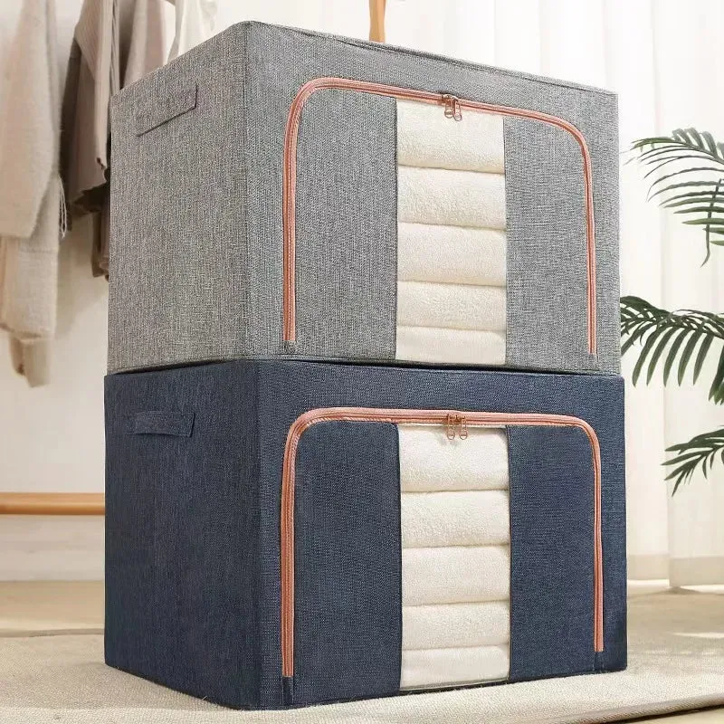 Foldable Clothes Storage Box Capacity Stackable Storage Bag with Metal Frame Dustproof Storage Box with Zipper for Home Room