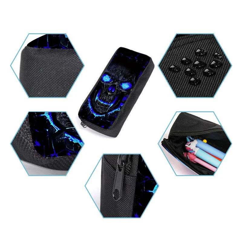 Unisex Three-Piece Set Skull Printed Student Backpack Pencil Bag Lunch Bag Zipper Closure Fashionable Waterproof Polyester