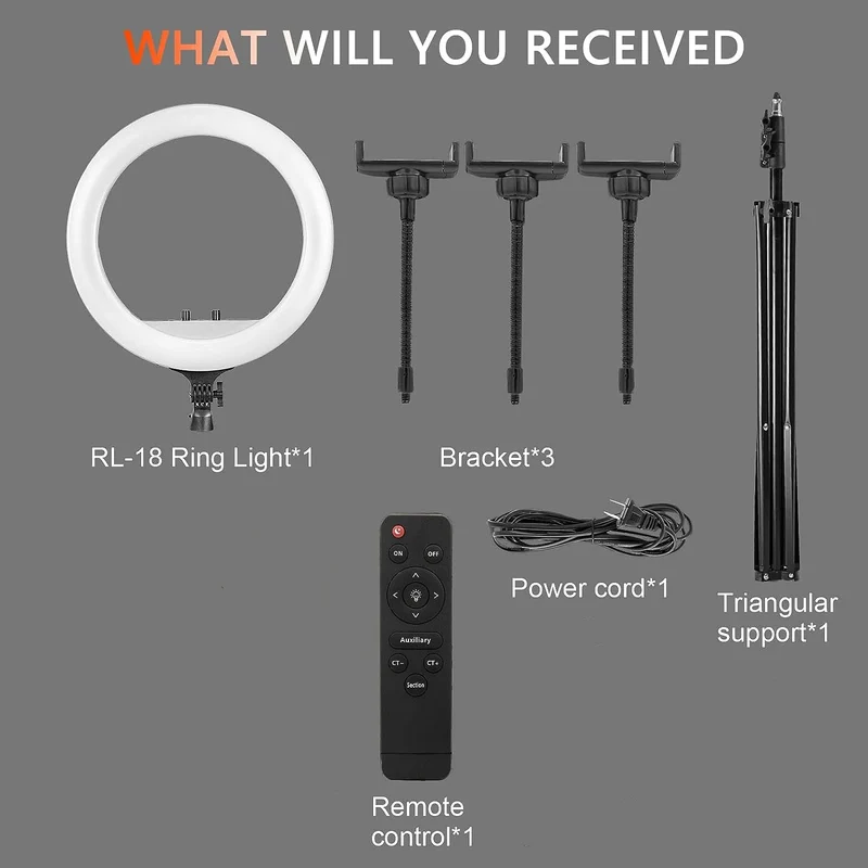 High Quality Professional Photography Ring Light 18 Inch LED Ring Lights 50W Dimmable With Tripod Stand Storage Bag Right Light