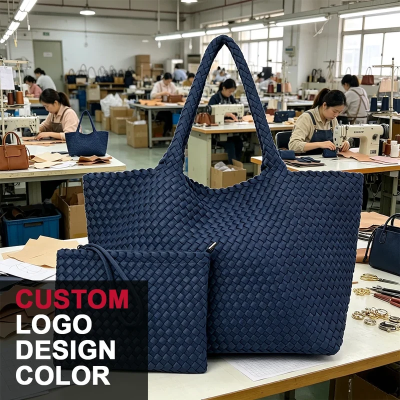 2 Pcs Set Fashion Casual Shoulder Waterproof Lady Woven Purse Hobo Women Neoprene Tote Bag Large Capacity Patchwork Handbag