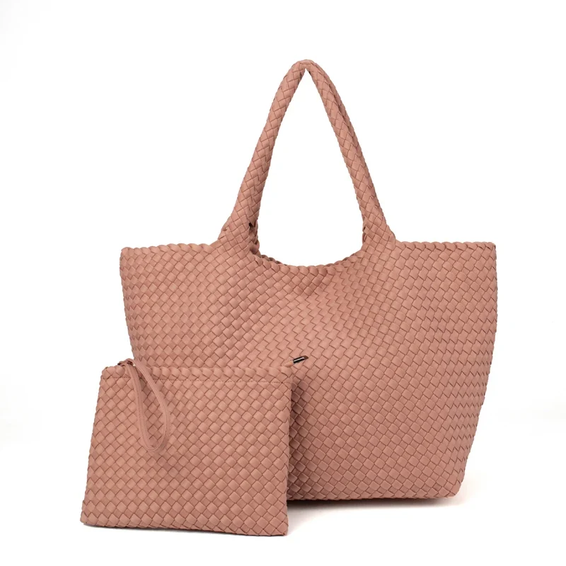 2 Pcs Set Fashion Casual Shoulder Waterproof Lady Woven Purse Hobo Women Neoprene Tote Bag Large Capacity Patchwork Handbag