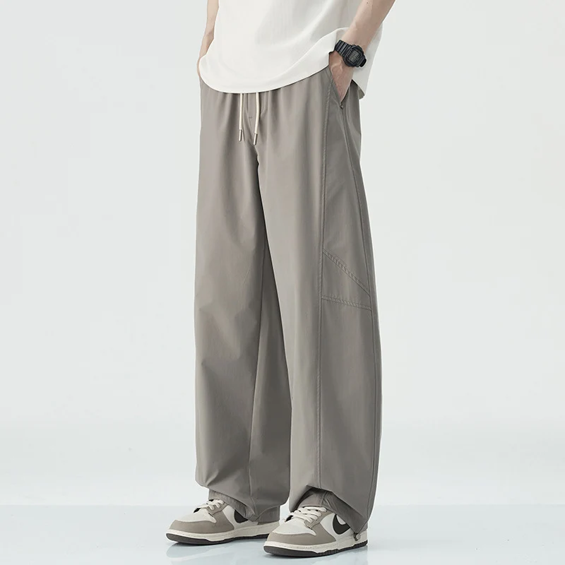 Danpaoni | summer thin casual pants men's American fashion retro loose straight pants elastic waist youth pants