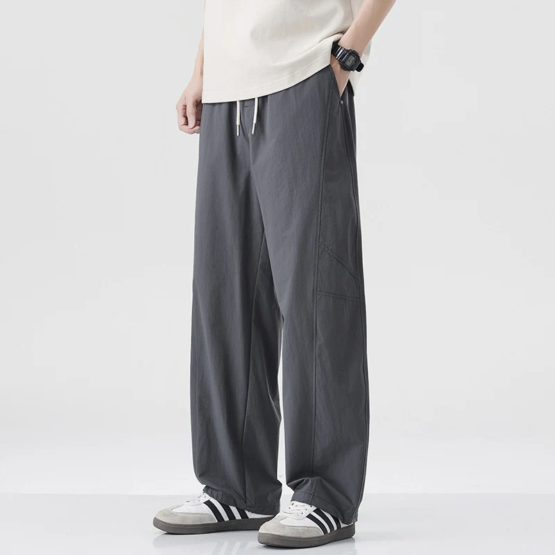 Danpaoni | summer thin casual pants men's American fashion retro loose straight pants elastic waist youth pants