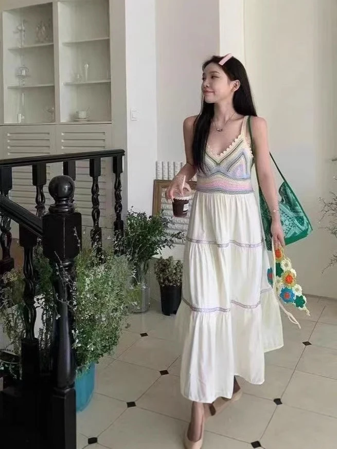 Summer women's national style sling hollow stitching dress new style sling skirt holiday style