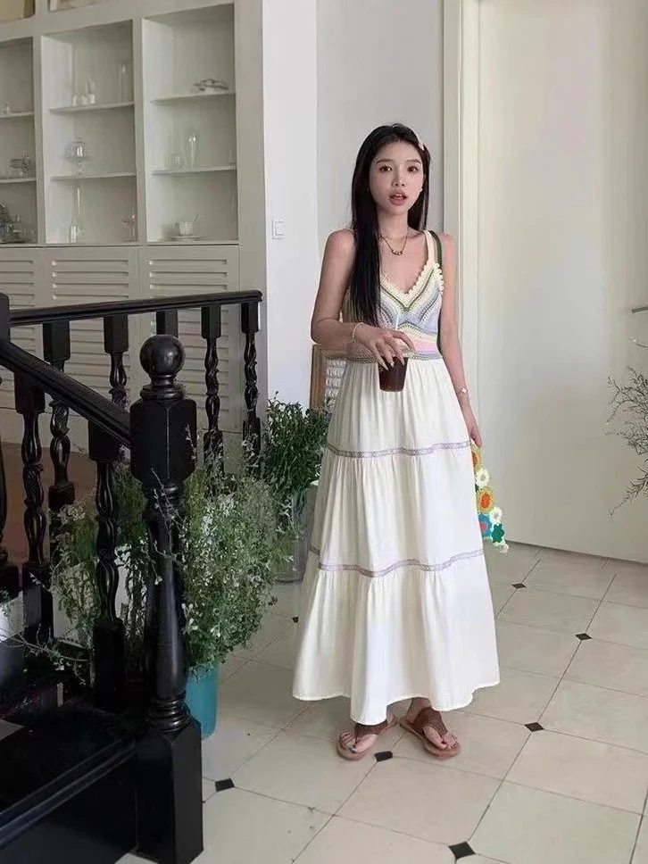 Summer women's national style sling hollow stitching dress new style sling skirt holiday style