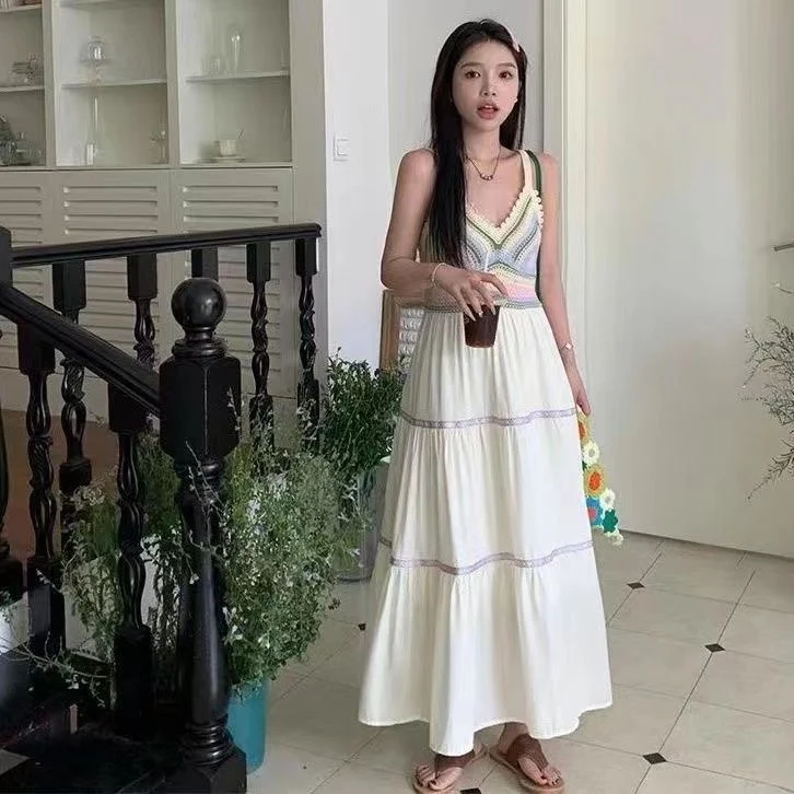 Summer women's national style sling hollow stitching dress new style sling skirt holiday style