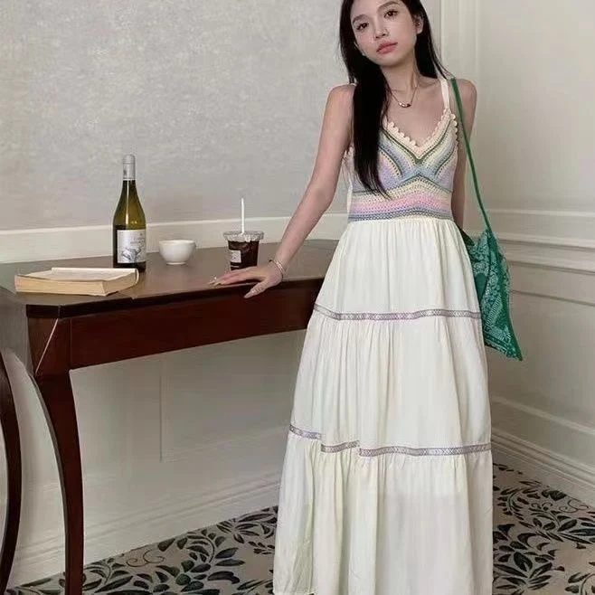 Summer women's national style sling hollow stitching dress new style sling skirt holiday style