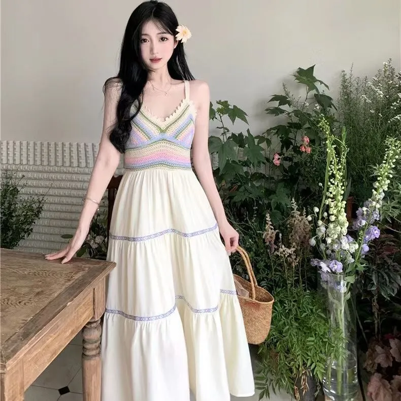 Summer women's national style sling hollow stitching dress new style sling skirt holiday style