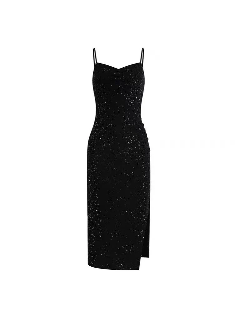 2024 Summer New Korean-style Hepburn Black Dress Mid-length Slimming Sequin Split Slim Sling Sexy dress