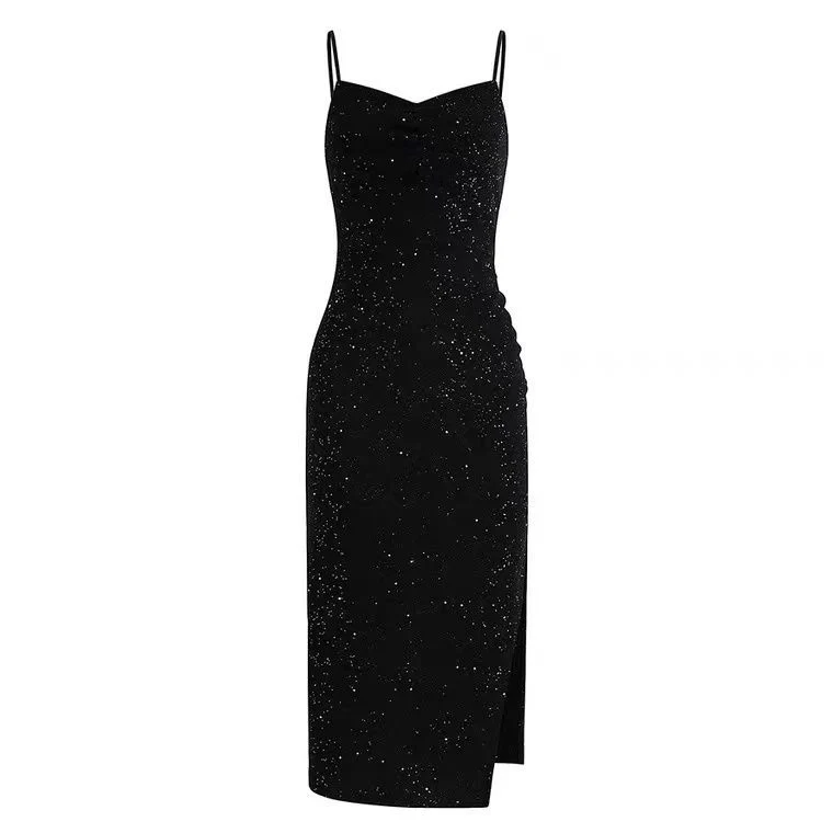 2024 Summer New Korean-style Hepburn Black Dress Mid-length Slimming Sequin Split Slim Sling Sexy dress