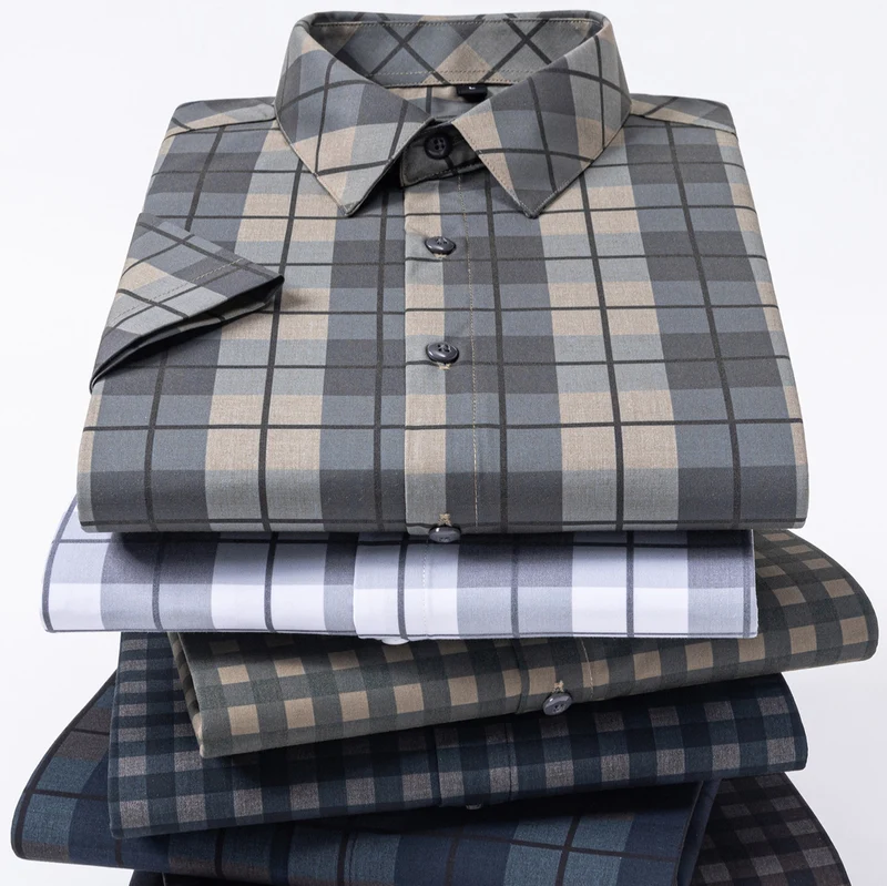 New 2025 Summer New Men's Short-Sleeved Bamboo Fiber Plaid Shirt Casual Half-Sleeved Pocketless Men's Lining