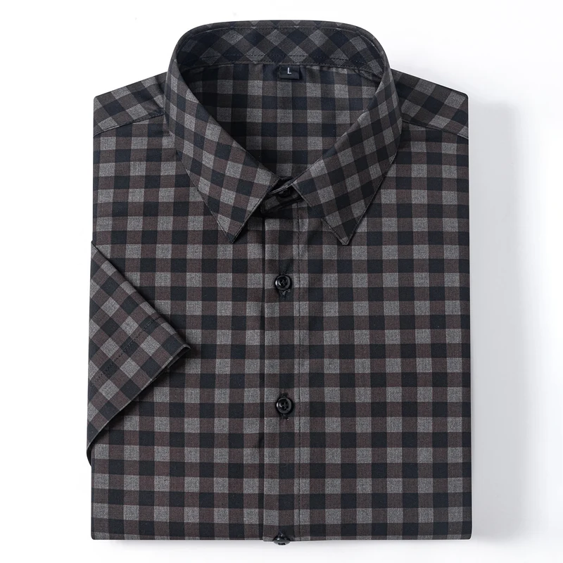 New 2025 Summer New Men's Short-Sleeved Bamboo Fiber Plaid Shirt Casual Half-Sleeved Pocketless Men's Lining