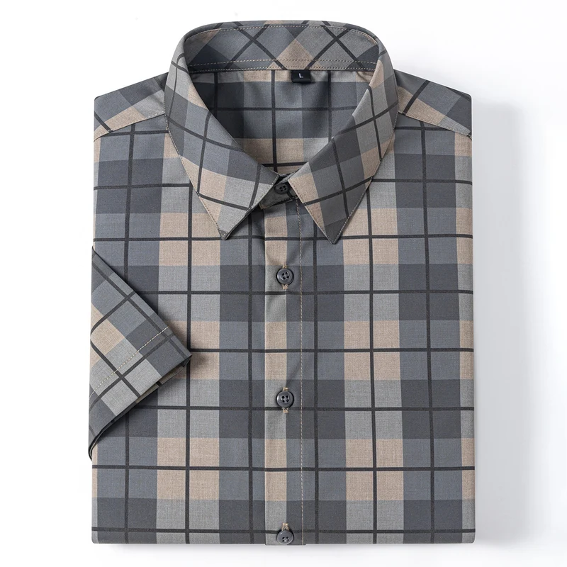 New 2025 Summer New Men's Short-Sleeved Bamboo Fiber Plaid Shirt Casual Half-Sleeved Pocketless Men's Lining