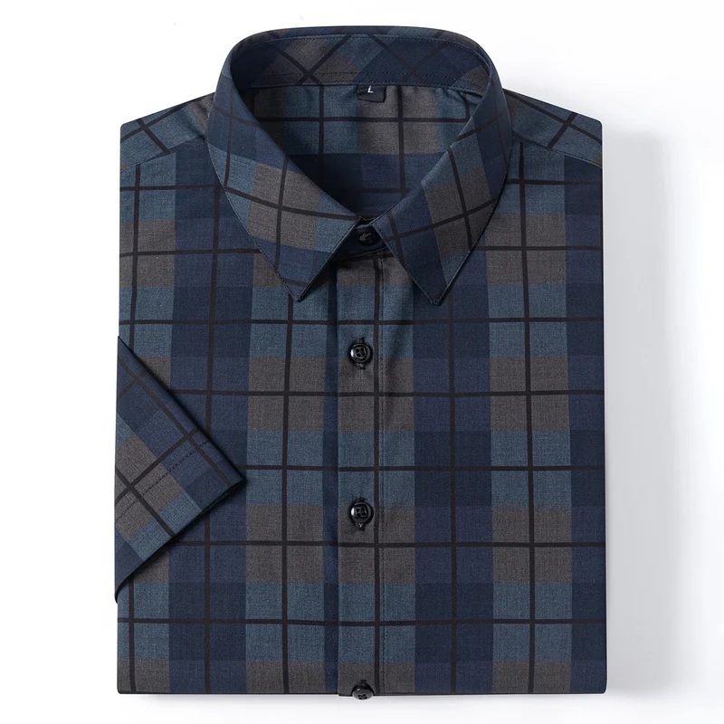 New 2025 Summer New Men's Short-Sleeved Bamboo Fiber Plaid Shirt Casual Half-Sleeved Pocketless Men's Lining
