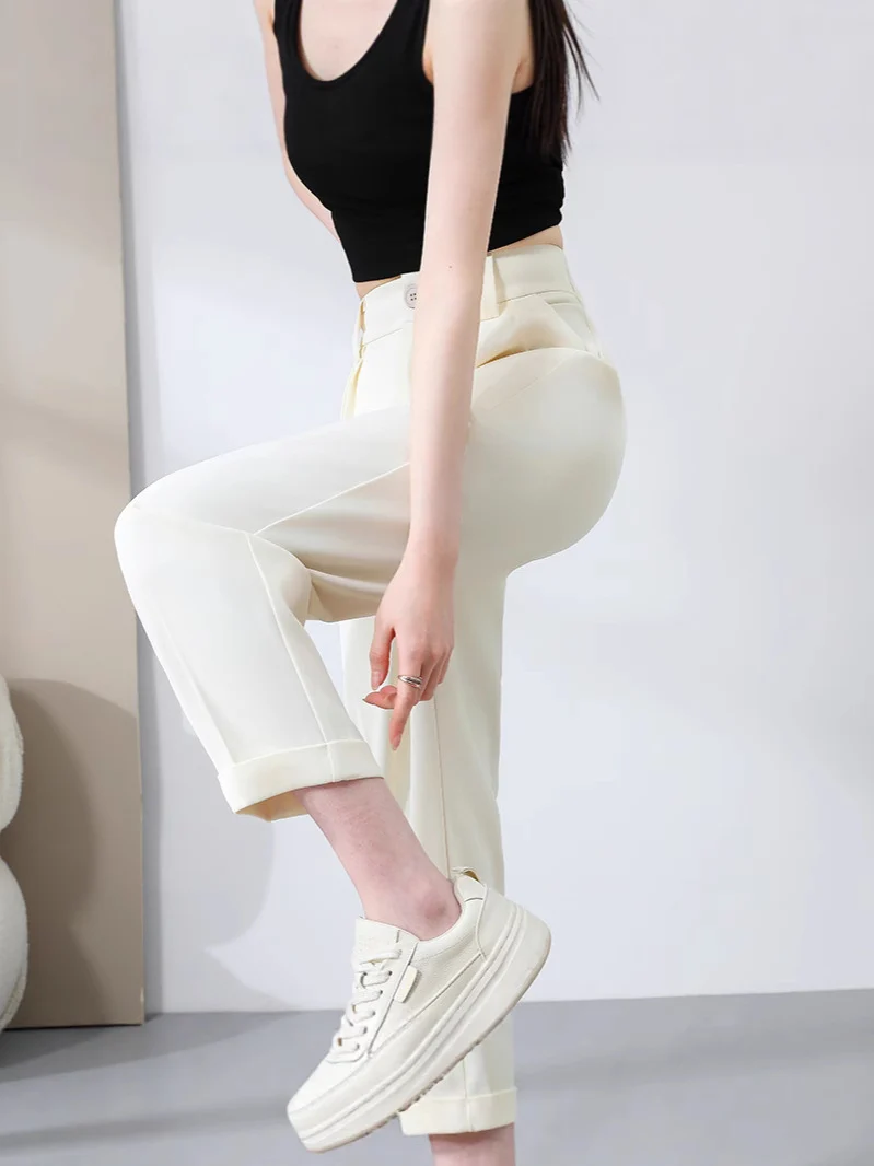 New Style Ice Silk Suit Pants for Petite Women, Cropped Straight-Leg Pants, Summer Thin Cigarette Pants, Free Shipping