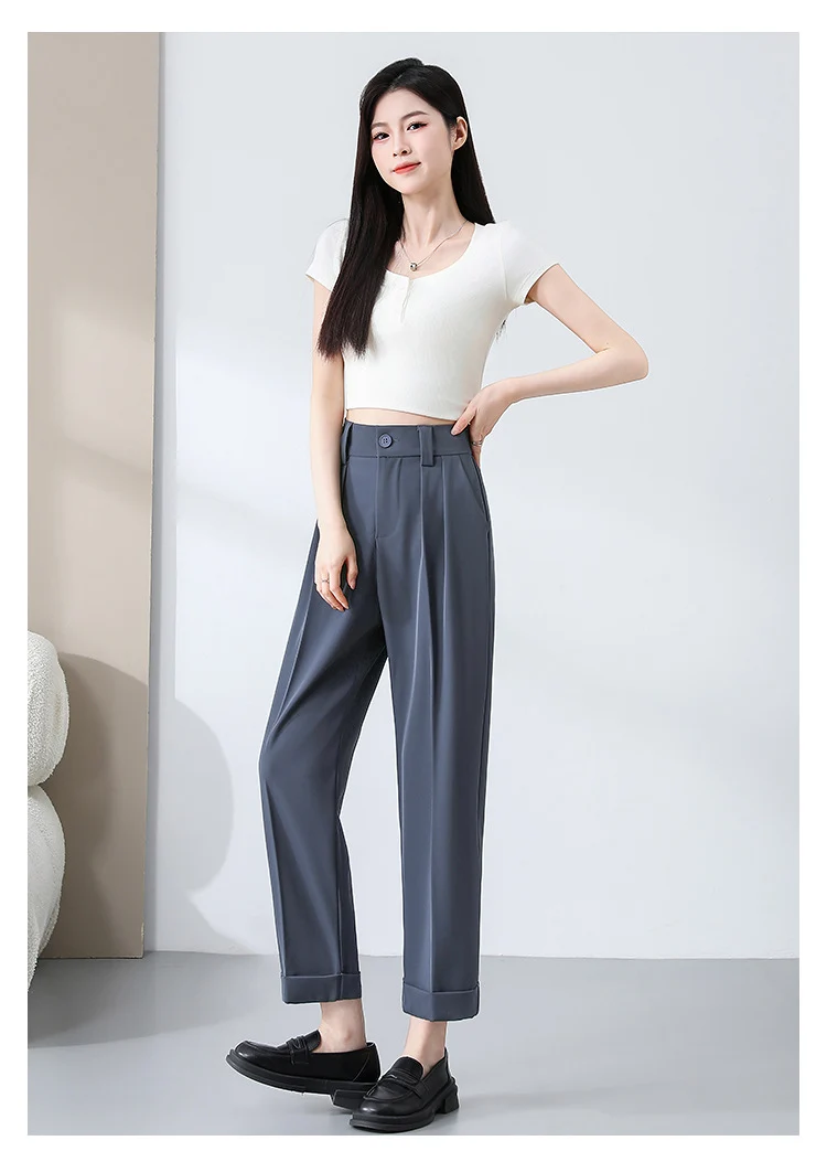 New Style Ice Silk Suit Pants for Petite Women, Cropped Straight-Leg Pants, Summer Thin Cigarette Pants, Free Shipping