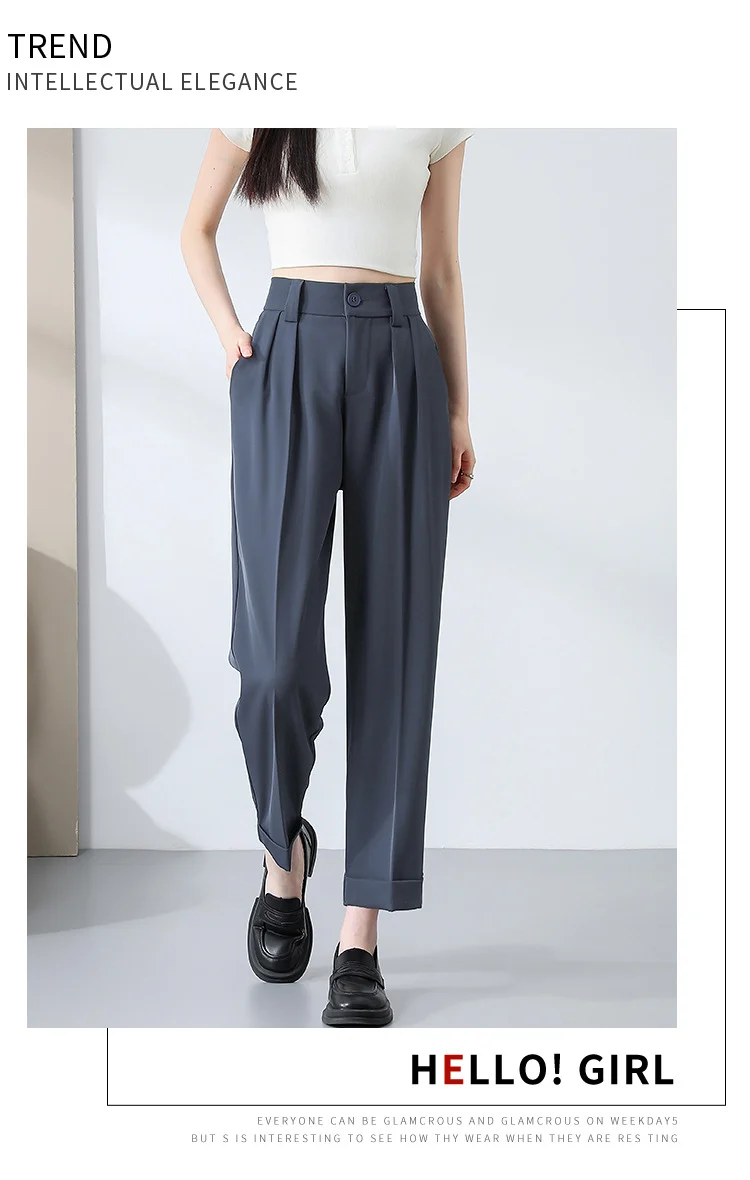 New Style Ice Silk Suit Pants for Petite Women, Cropped Straight-Leg Pants, Summer Thin Cigarette Pants, Free Shipping