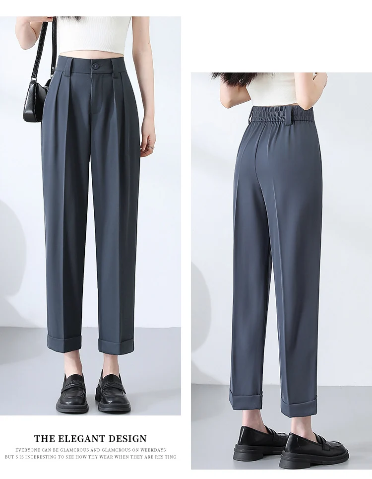 New Style Ice Silk Suit Pants for Petite Women, Cropped Straight-Leg Pants, Summer Thin Cigarette Pants, Free Shipping